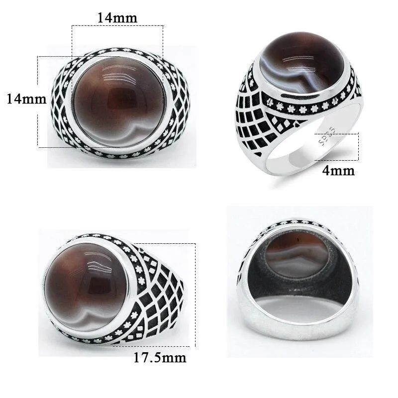 New Vintage Men Ring with Natural Agate Stone in Sterling Silver