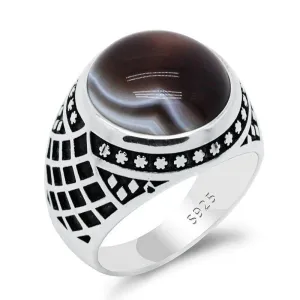 New Vintage Men Ring with Natural Agate Stone in Sterling Silver