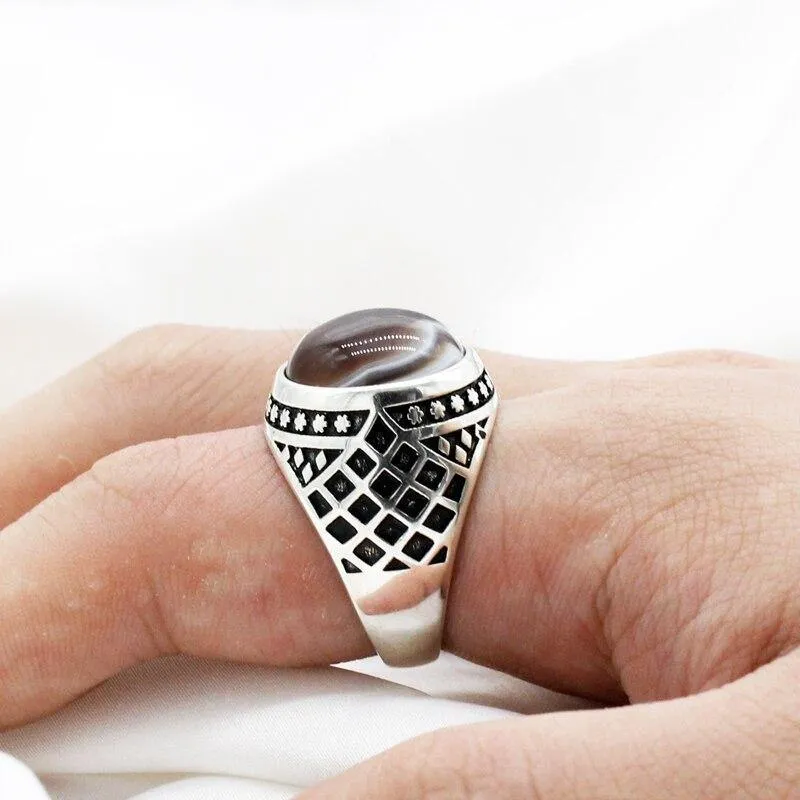 New Vintage Men Ring with Natural Agate Stone in Sterling Silver