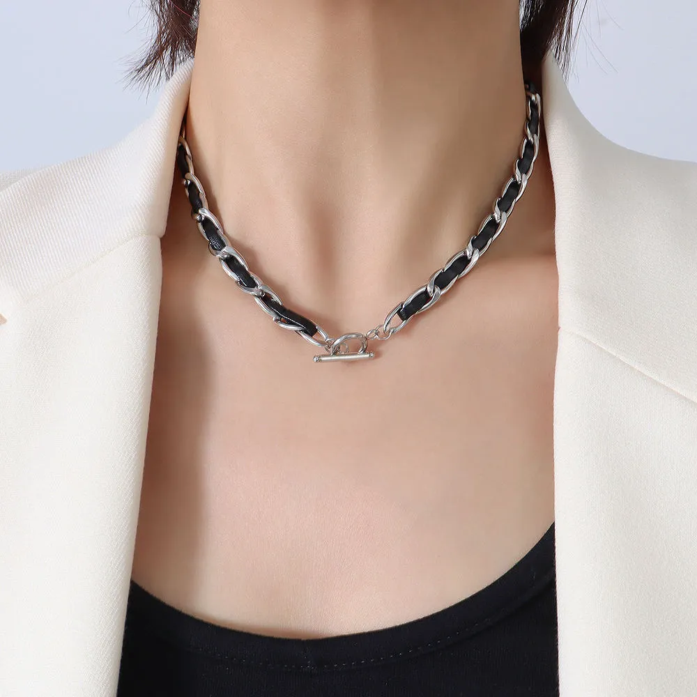 OlaZarah Silver Choker Necklace |  Titanium Leather Rope Fashion 40cm/18CM Jewelry Necklace & Bracelet Set