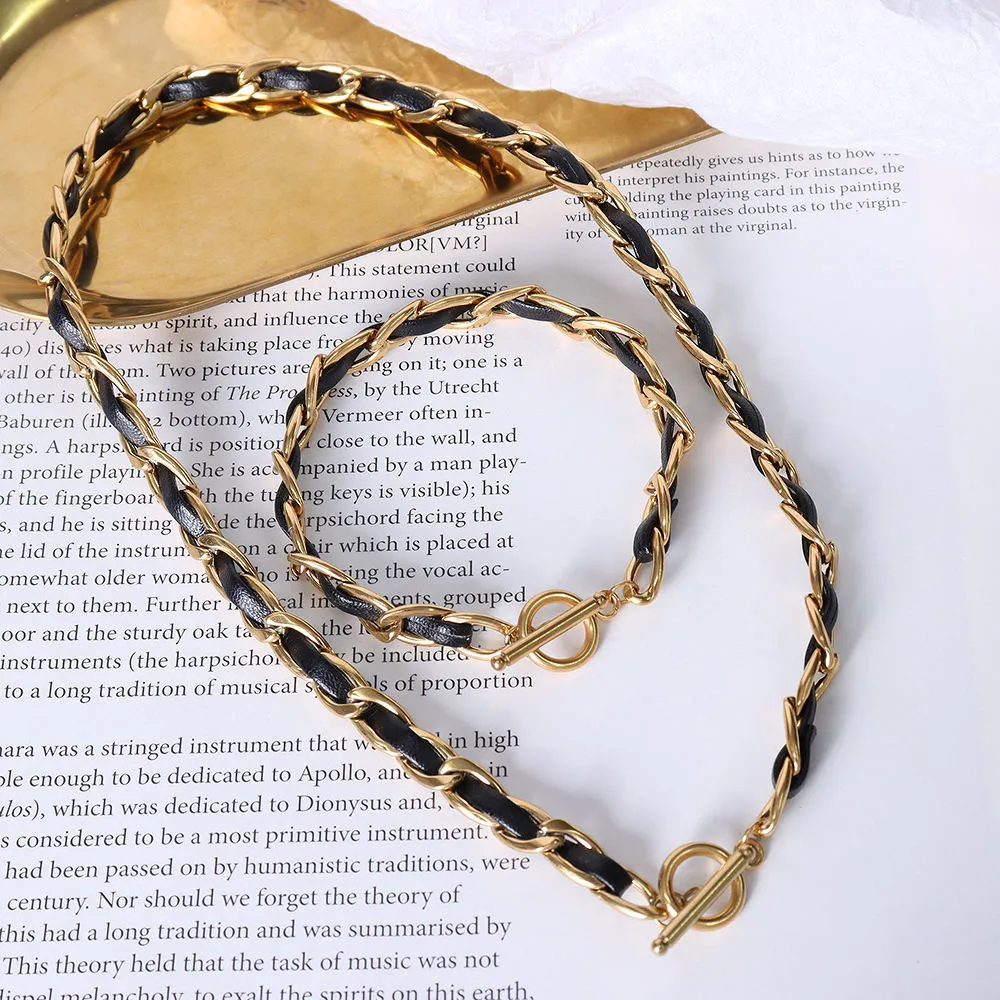 OlaZarah Silver Choker Necklace |  Titanium Leather Rope Fashion 40cm/18CM Jewelry Necklace & Bracelet Set