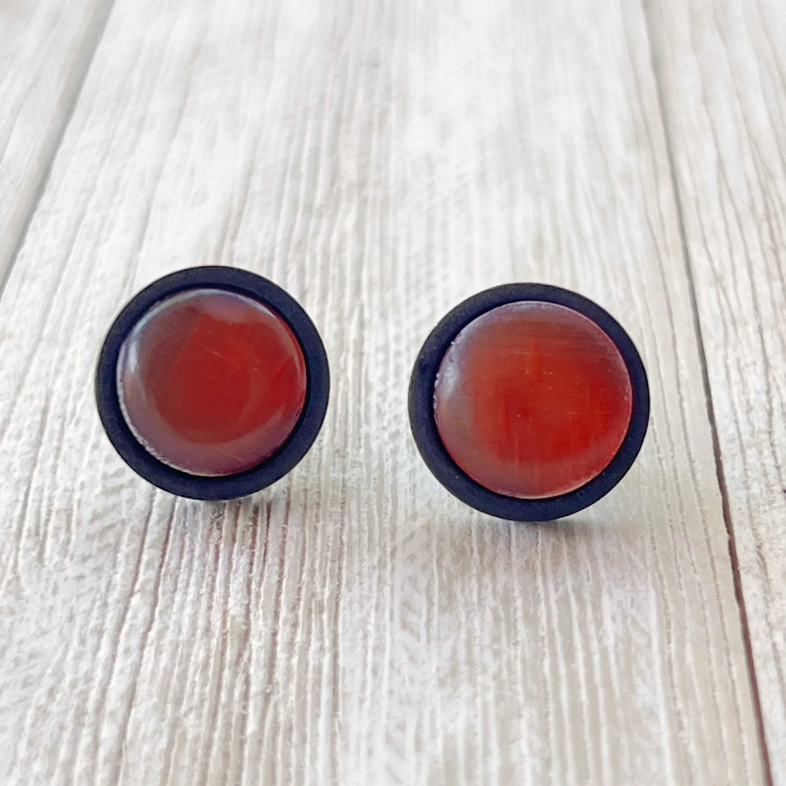Orange Resin Black Wood Unisex Stud Earrings - Unique & Stylish Accessories