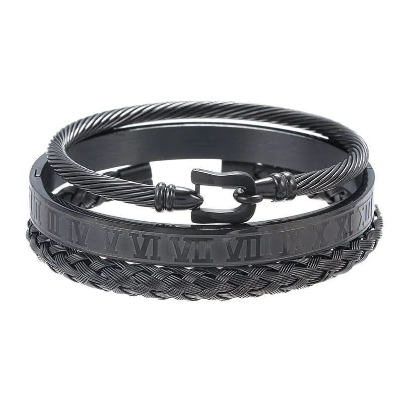 Pack of 3 Pcs. Unisex Roman Braided Titanium Bracelet Set
