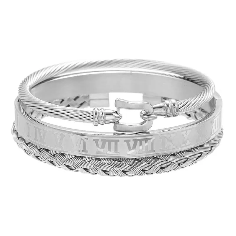 Pack of 3 Pcs. Unisex Roman Braided Titanium Bracelet Set