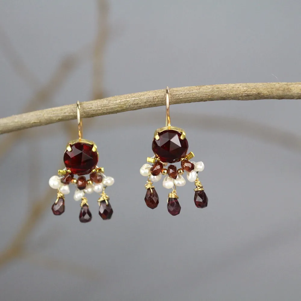 Pearl Garnet Fan Drop Earrings