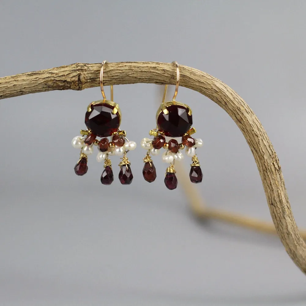 Pearl Garnet Fan Drop Earrings