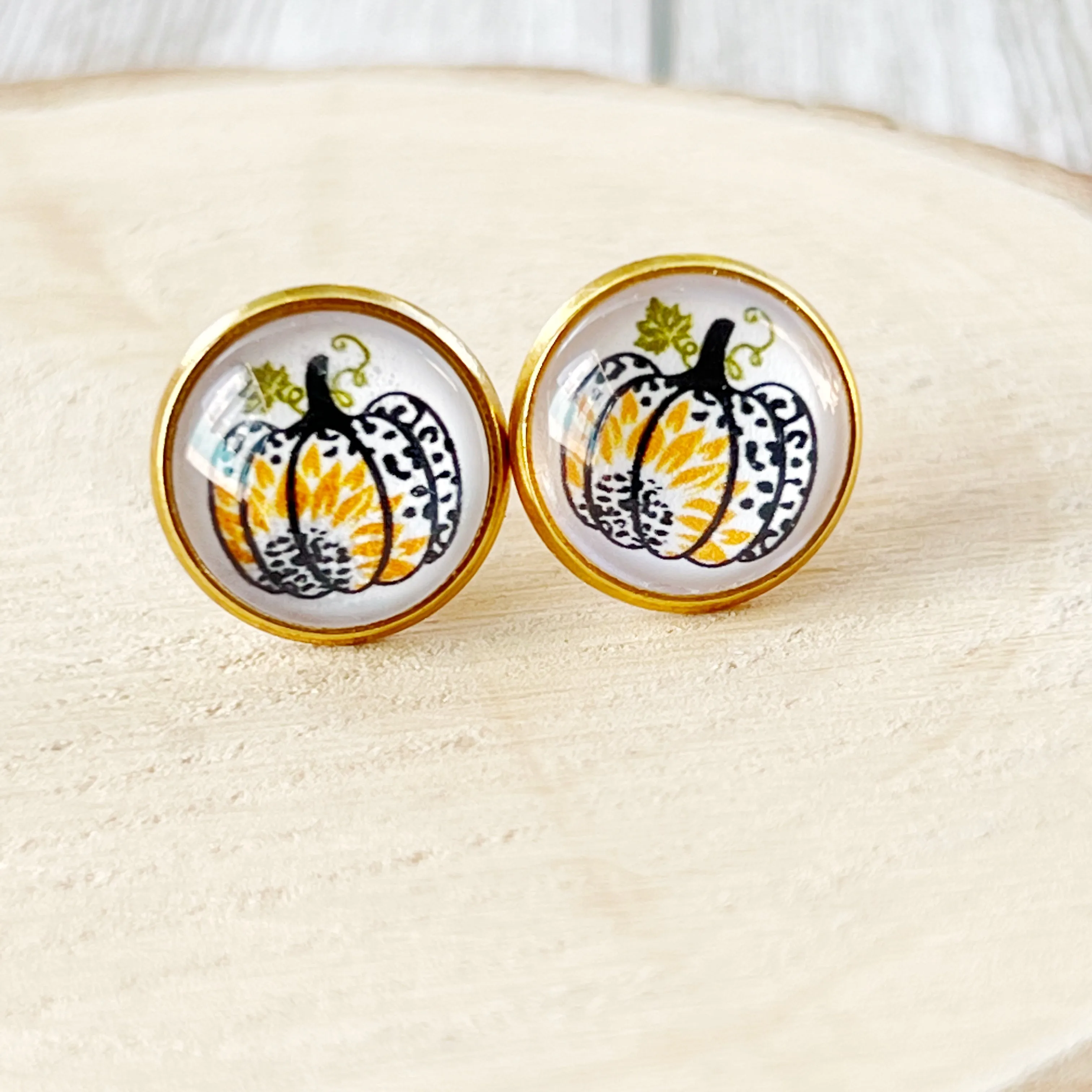 Pumpkin & Sunflower Gold Stud Earrings: Unique Autumn Accents for Your Style