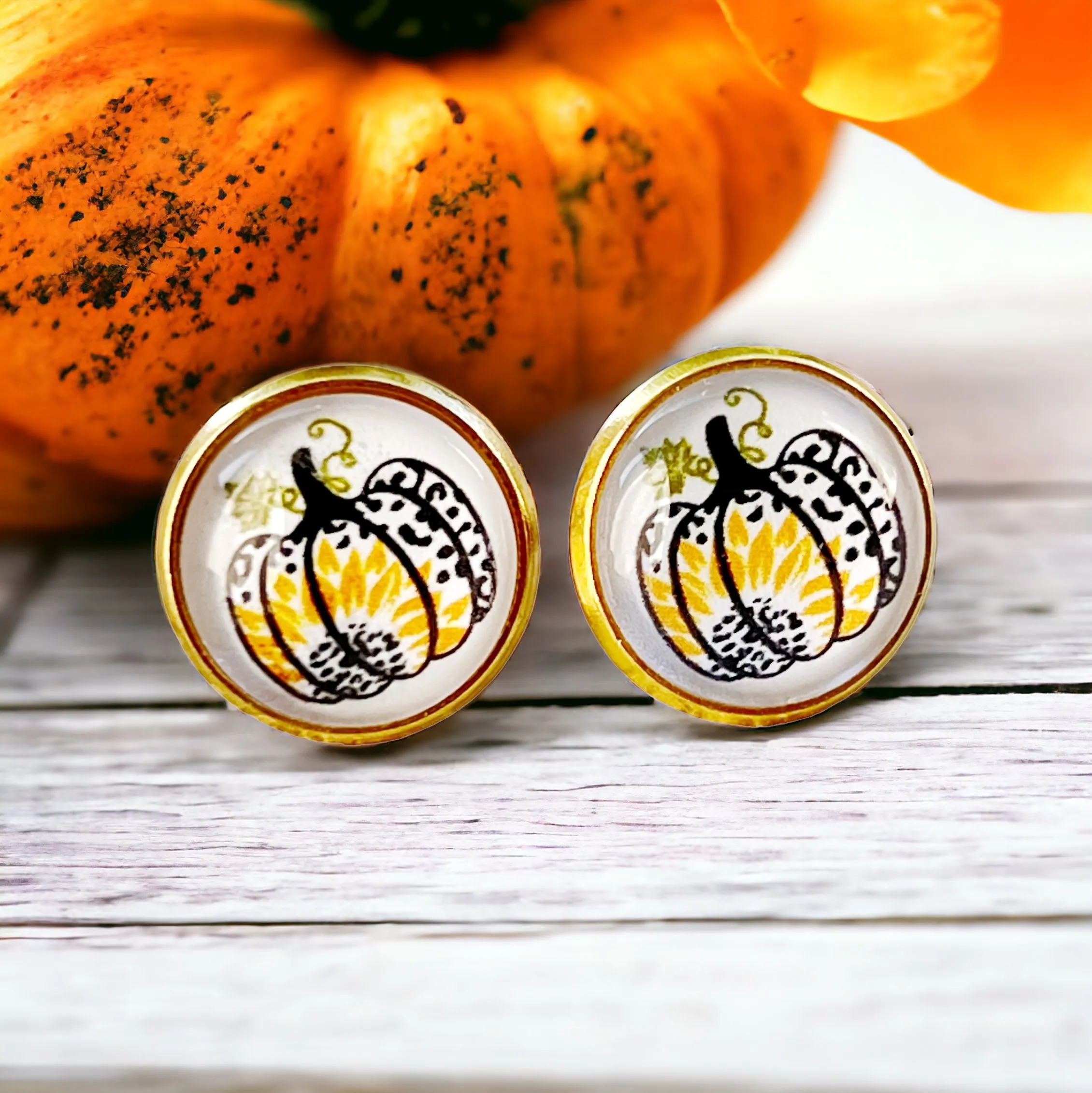 Pumpkin & Sunflower Gold Stud Earrings: Unique Autumn Accents for Your Style