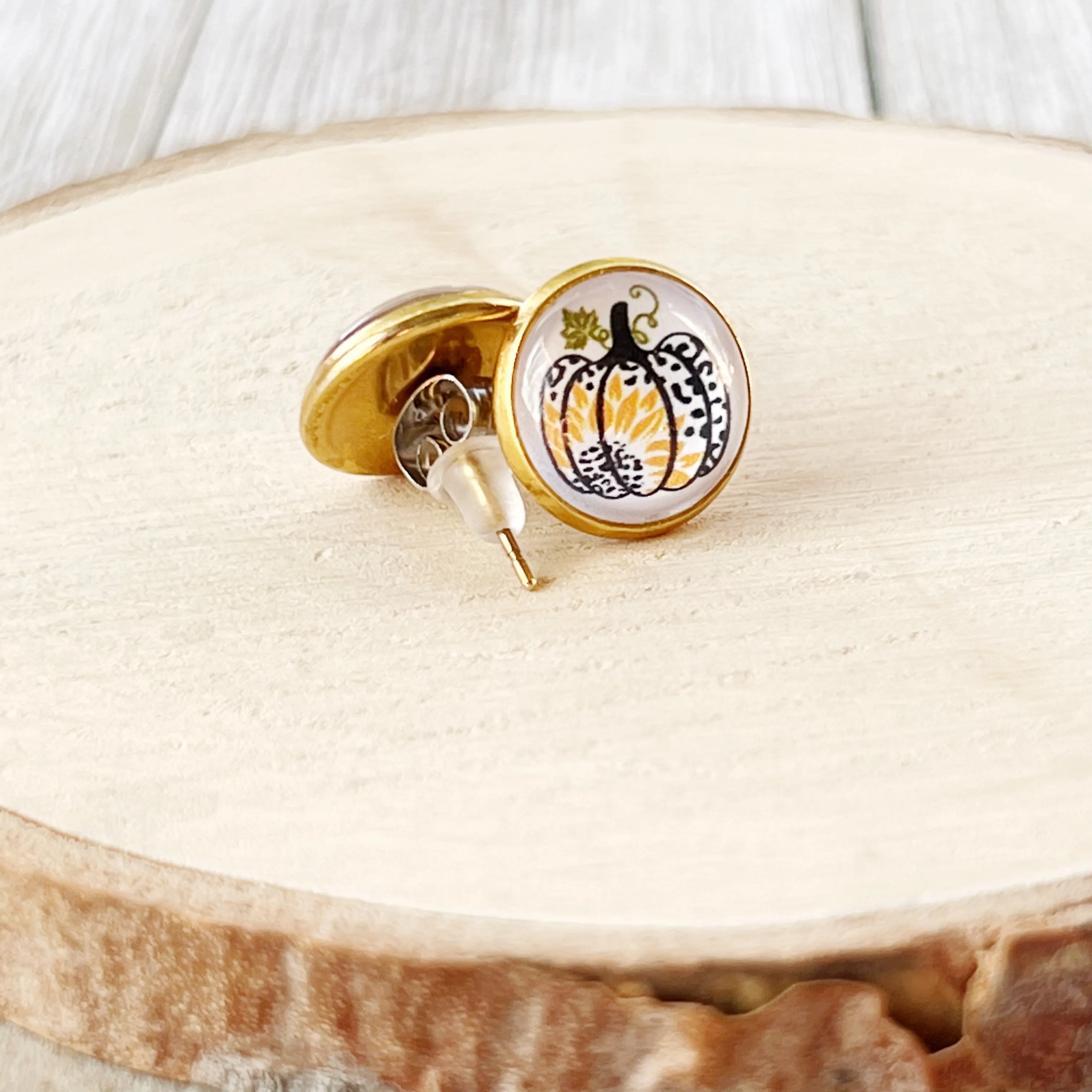 Pumpkin & Sunflower Gold Stud Earrings: Unique Autumn Accents for Your Style
