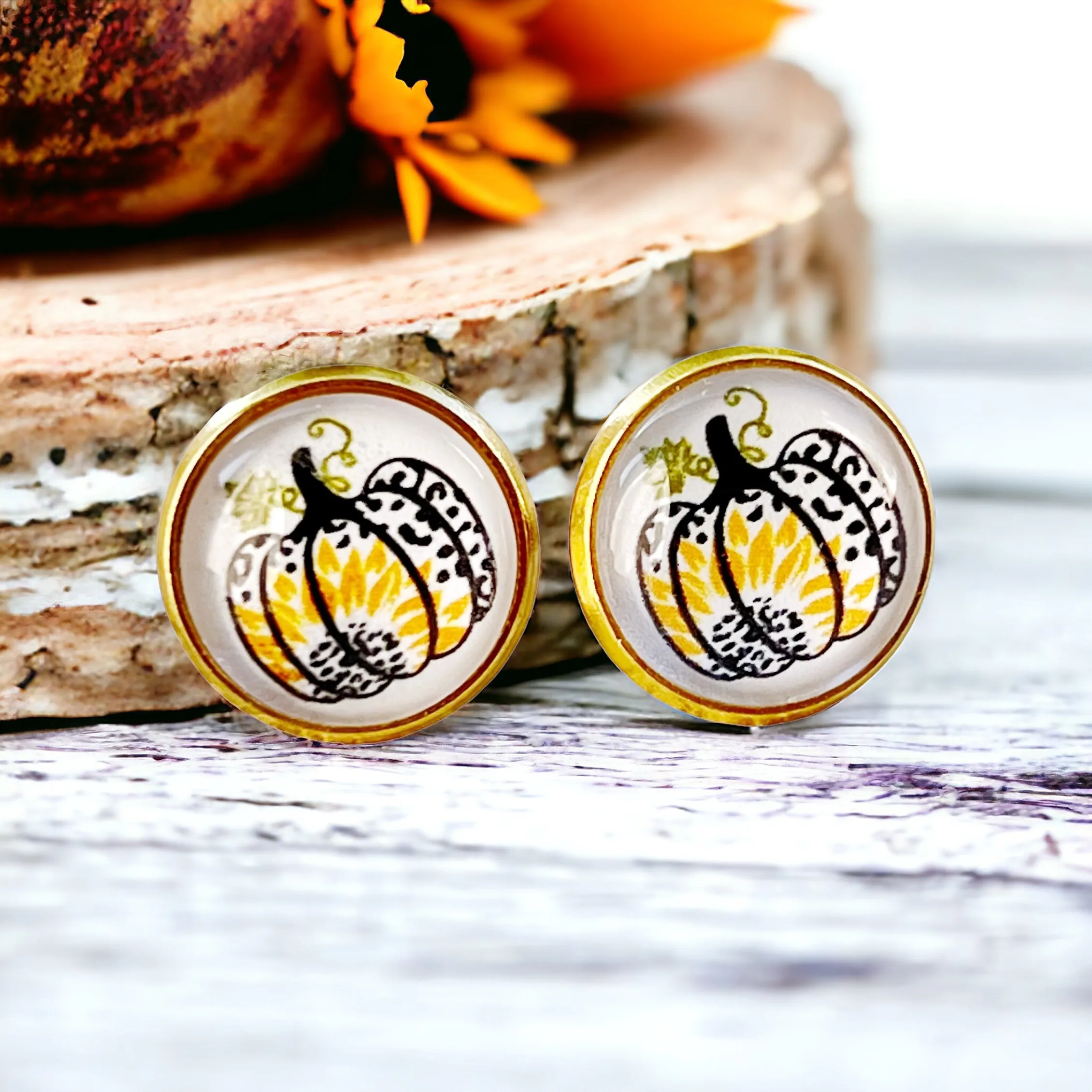 Pumpkin & Sunflower Gold Stud Earrings: Unique Autumn Accents for Your Style