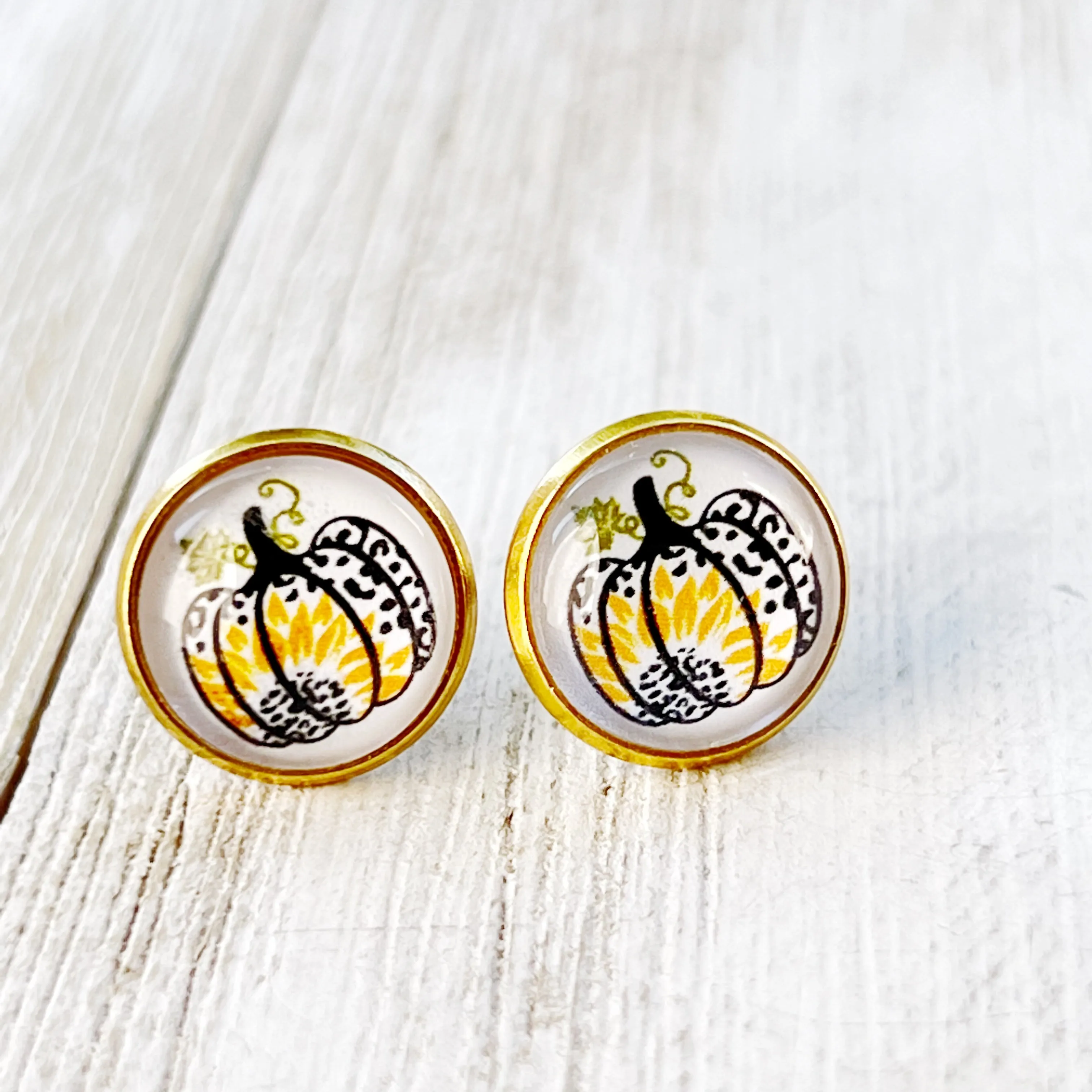 Pumpkin & Sunflower Gold Stud Earrings: Unique Autumn Accents for Your Style