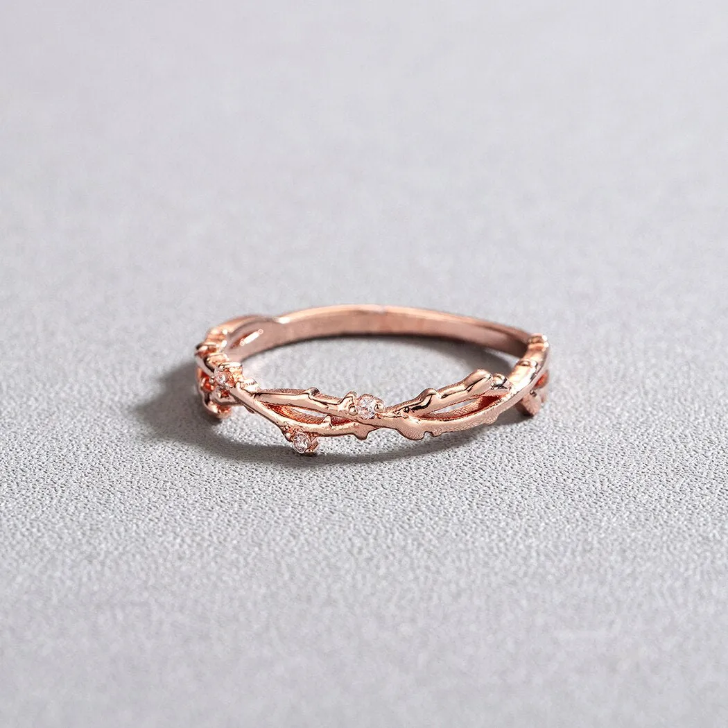 QIMING Simple Branch Women's Crystal Ring Zircon Rose Gold Finger Ring