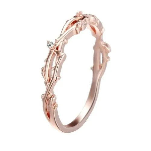 QIMING Simple Branch Women's Crystal Ring Zircon Rose Gold Finger Ring