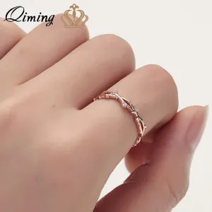 QIMING Simple Branch Women's Crystal Ring Zircon Rose Gold Finger Ring