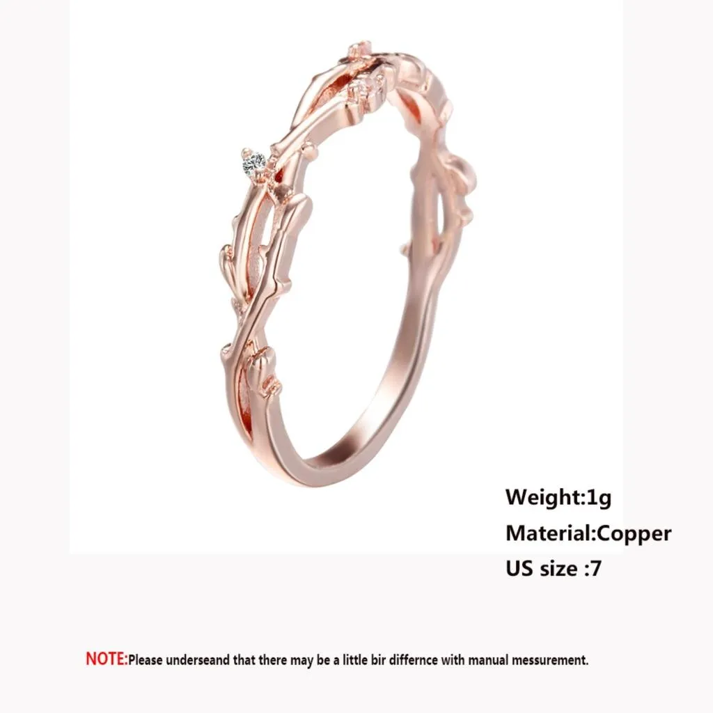 QIMING Simple Branch Women's Crystal Ring Zircon Rose Gold Finger Ring