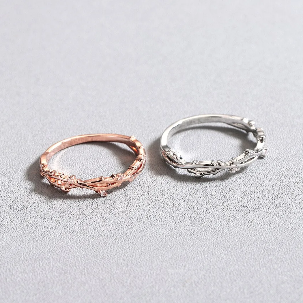 QIMING Simple Branch Women's Crystal Ring Zircon Rose Gold Finger Ring