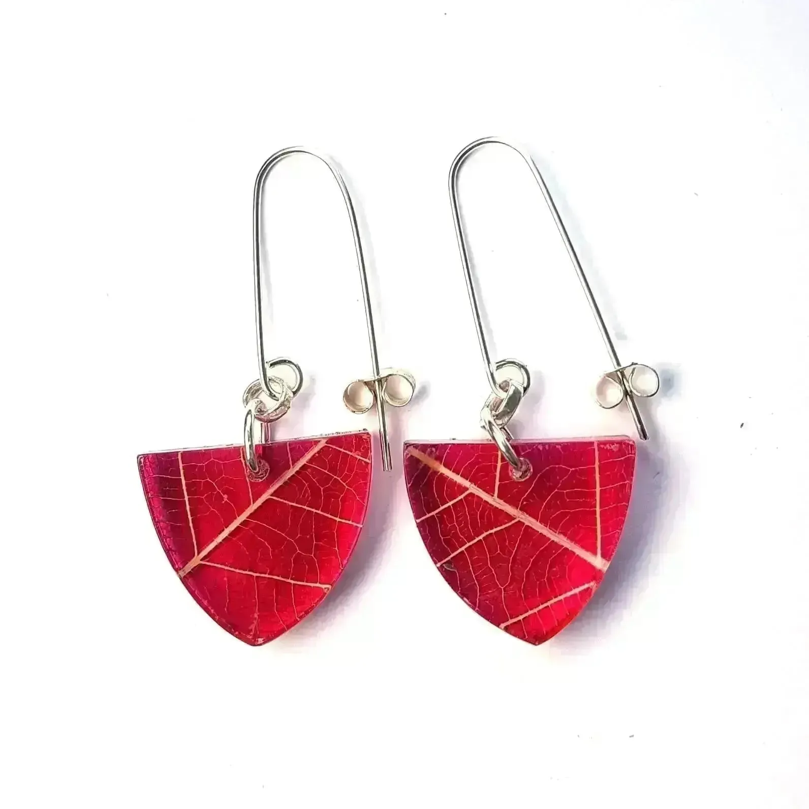 Raspberry Skeleton leaf | Small Triangle Earrings