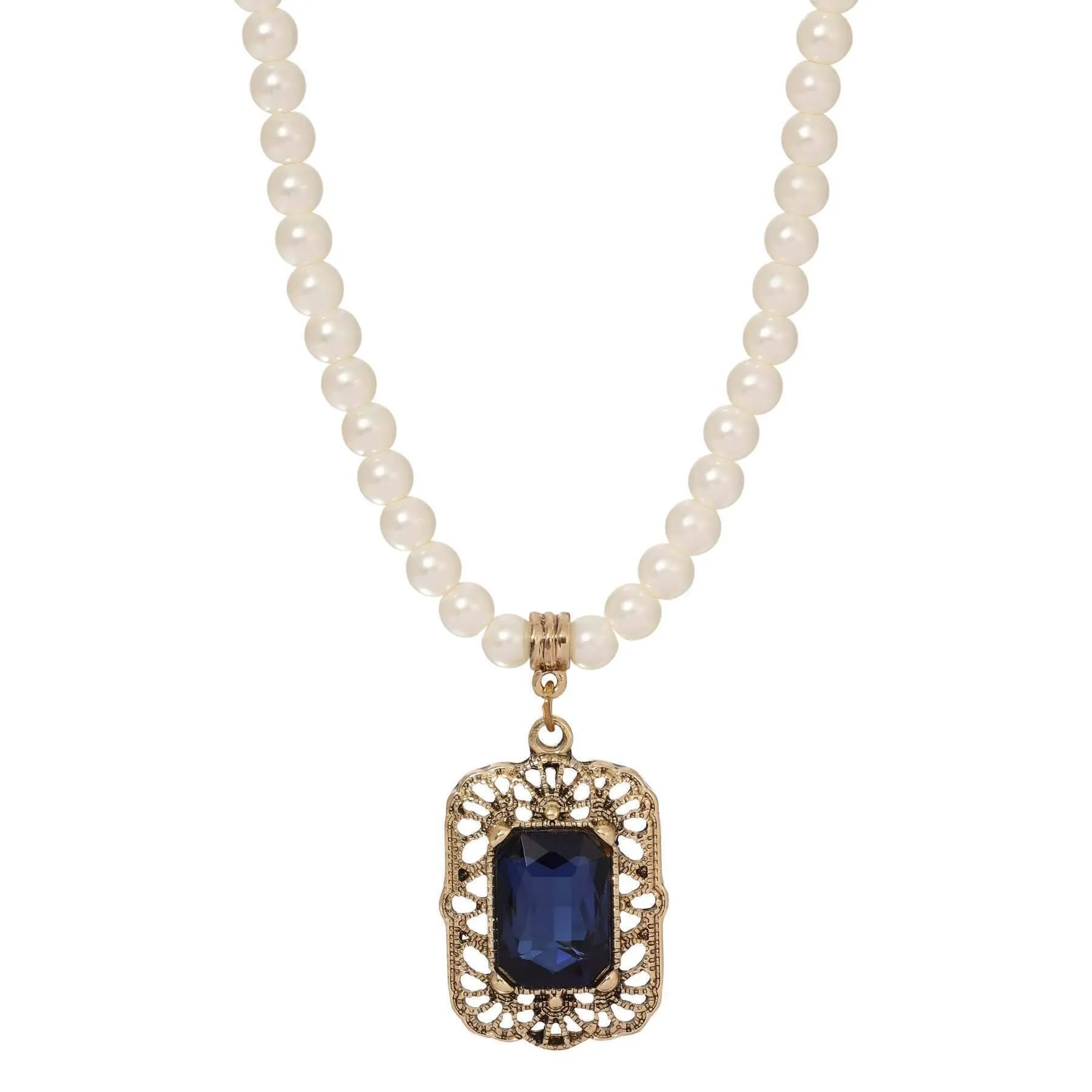 Regency Bront‘ Filigree Octagon Crystal Pendant 5mm Faux Pearl Strand Necklace 15"   3" Extender