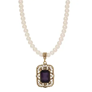 Regency Bront‘ Filigree Octagon Crystal Pendant 5mm Faux Pearl Strand Necklace 15"   3" Extender