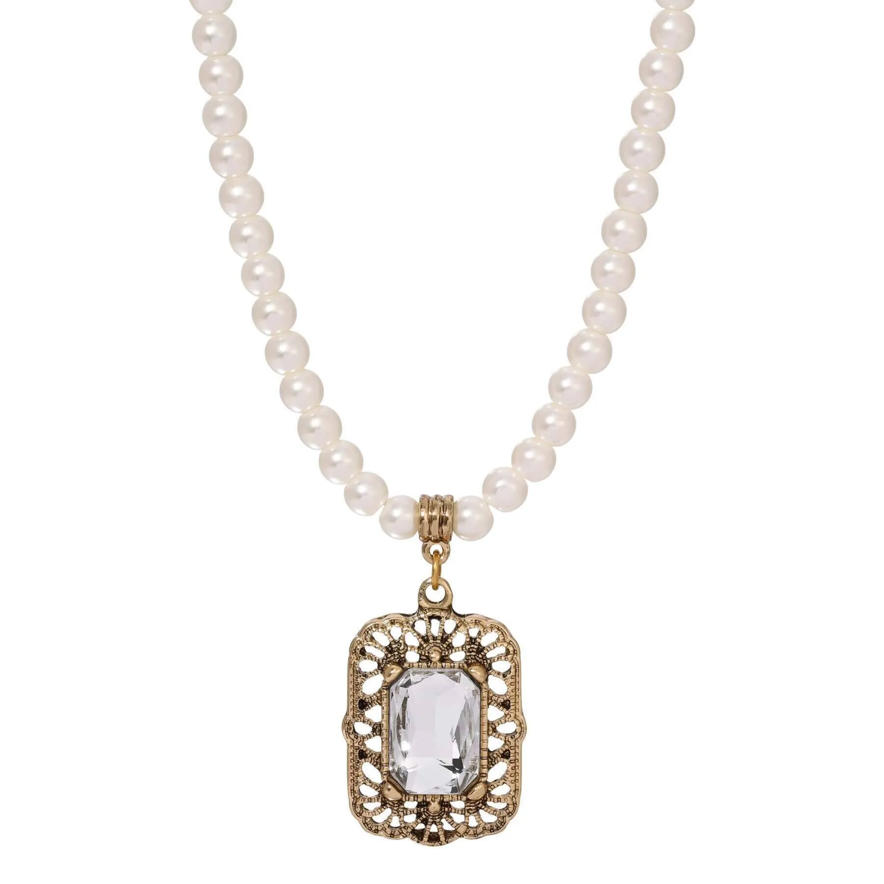 Regency Bront‘ Filigree Octagon Crystal Pendant 5mm Faux Pearl Strand Necklace 15"   3" Extender