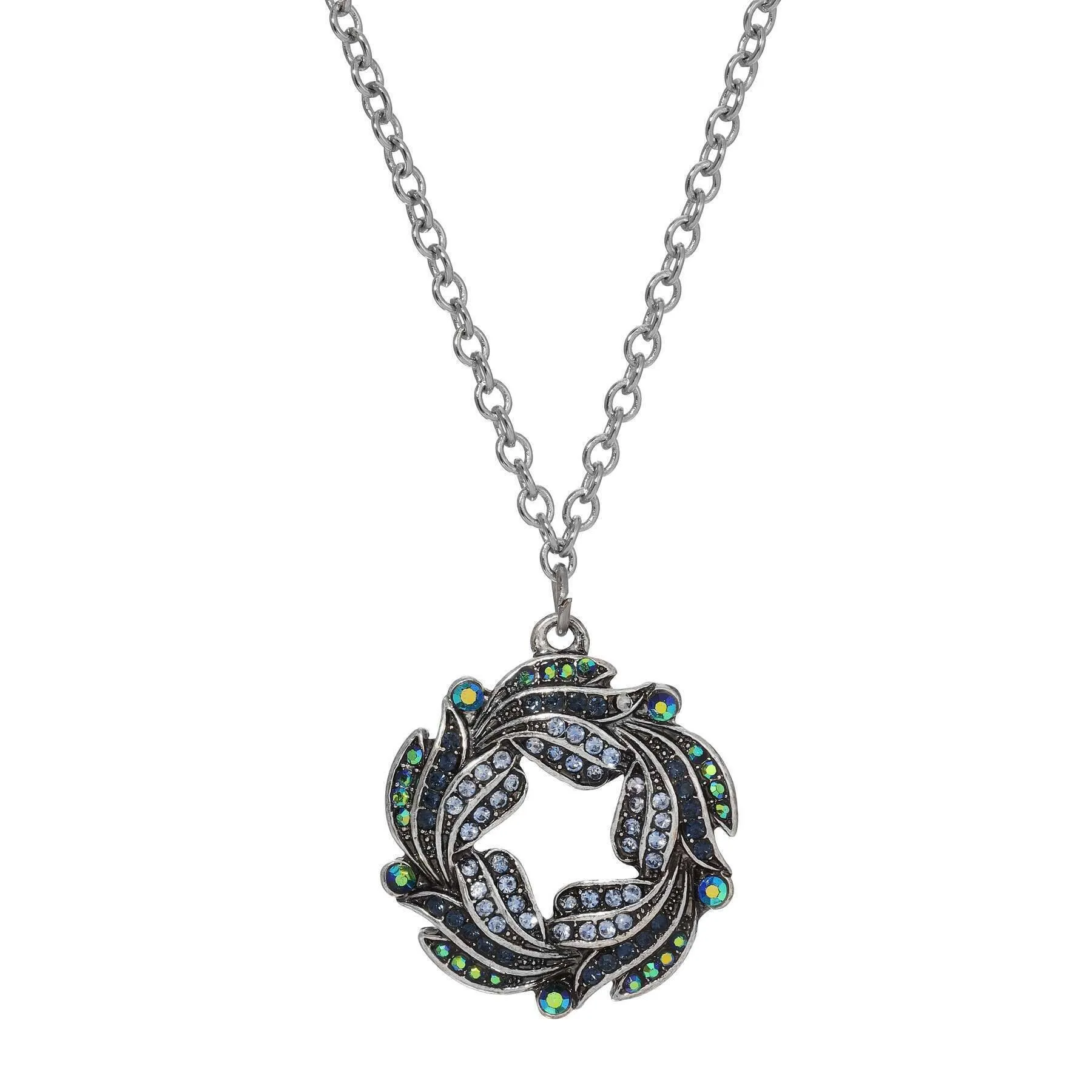 Regency Giovane Iridescent AB Crystal  & Blue Stone Wreath Pendant Necklace 16"   3" Extender