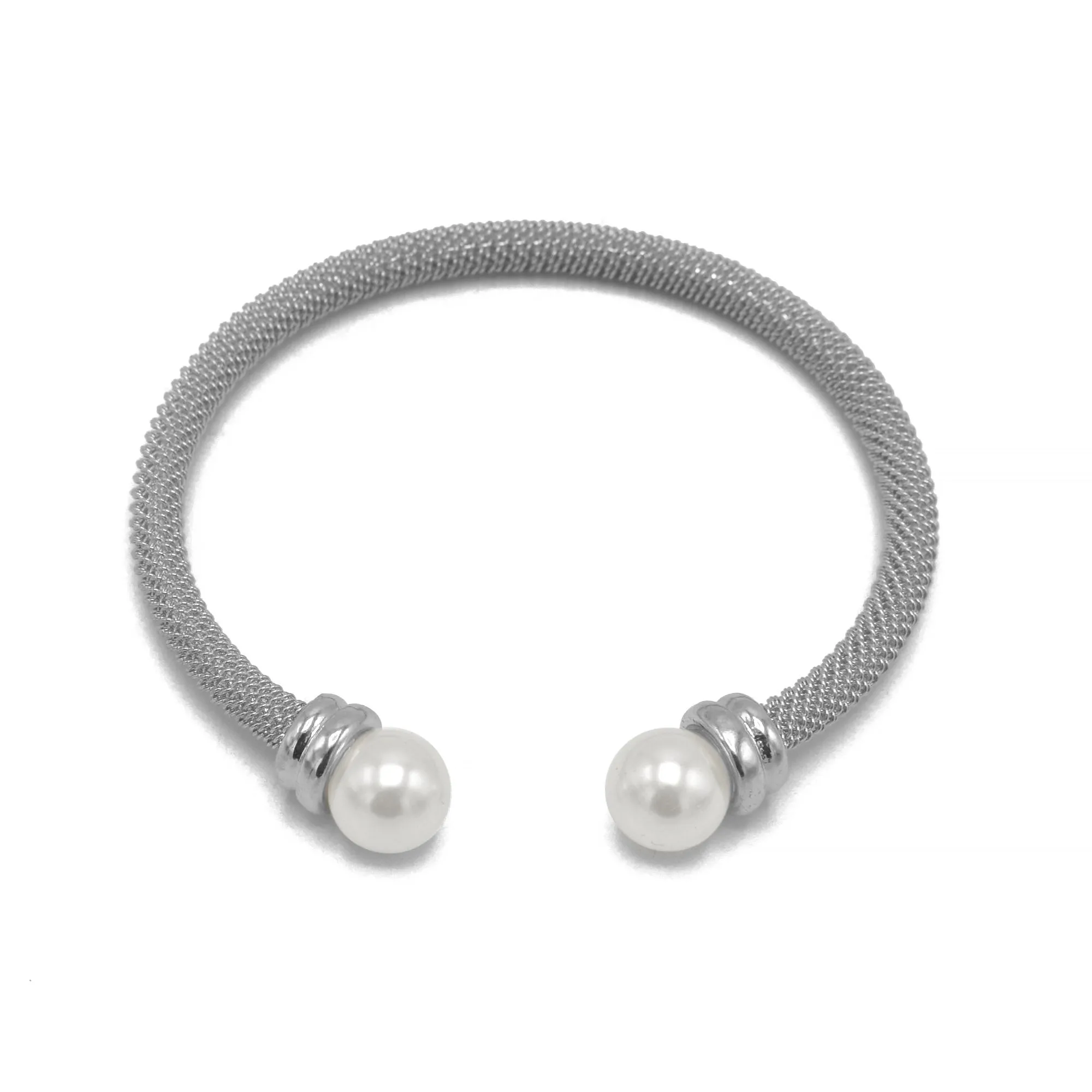 Rhodium plated mesh and pearl cuff Bracelet#HNB90838RD(ID8)