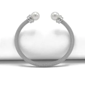 Rhodium plated mesh and pearl cuff Bracelet#HNB90838RD(ID8)