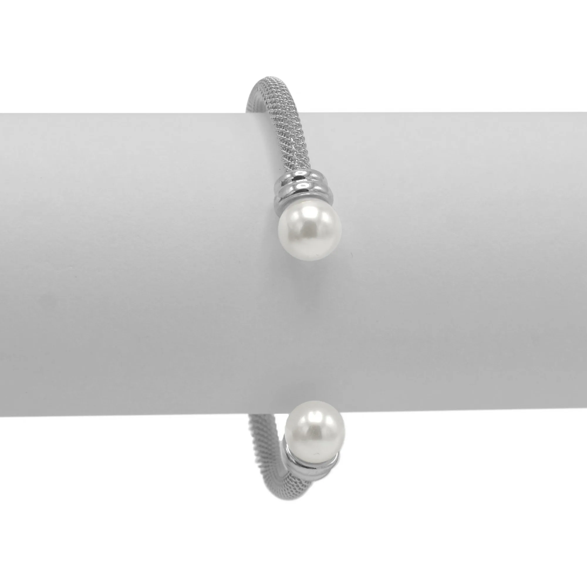 Rhodium plated mesh and pearl cuff Bracelet#HNB90838RD(ID8)