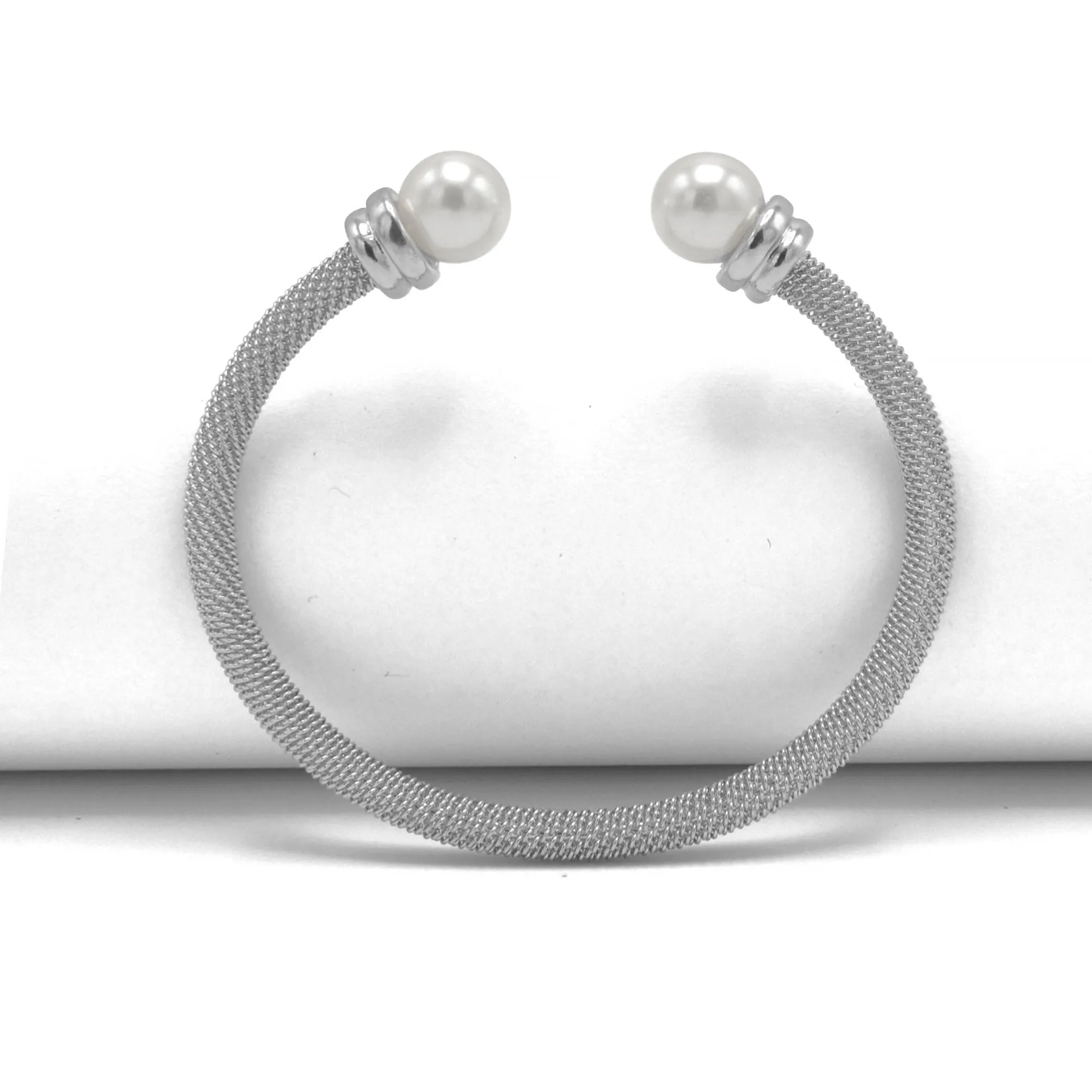 Rhodium plated mesh and pearl cuff Bracelet#HNB90838RD(ID8)