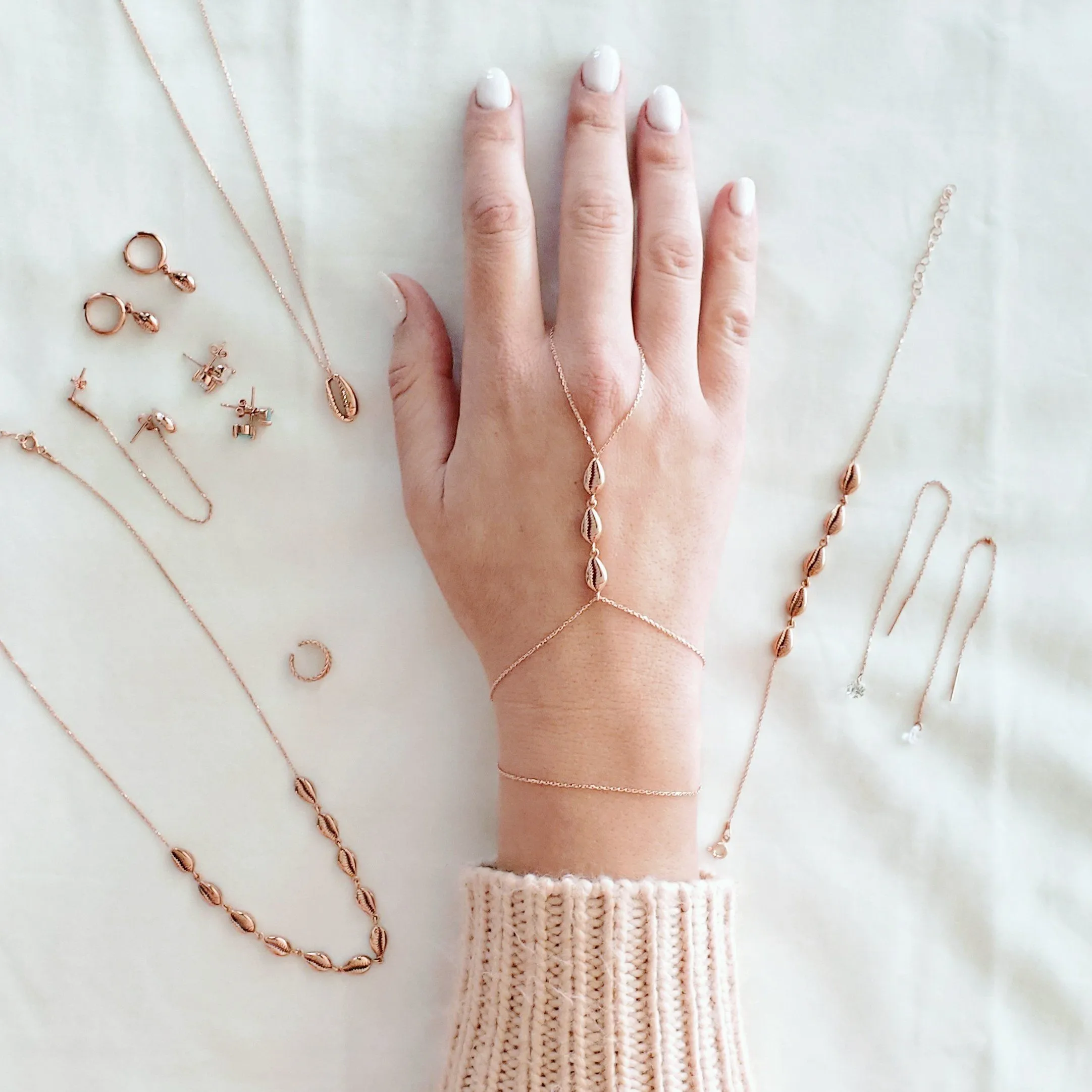 Rose Gold Cowrie Shell Slave Boho Bracelet - Sterling Silver