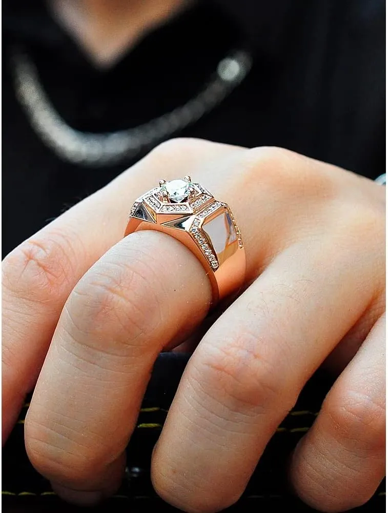 Rose Gold Rings Men's 18K Gold-Plated Sterling Silver Band One Carat Trendy Domineering Moissanite Hip Hop Ring
