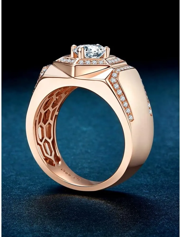 Rose Gold Rings Men's 18K Gold-Plated Sterling Silver Band One Carat Trendy Domineering Moissanite Hip Hop Ring