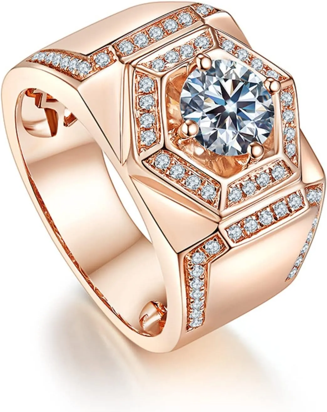 Rose Gold Rings Men's 18K Gold-Plated Sterling Silver Band One Carat Trendy Domineering Moissanite Hip Hop Ring