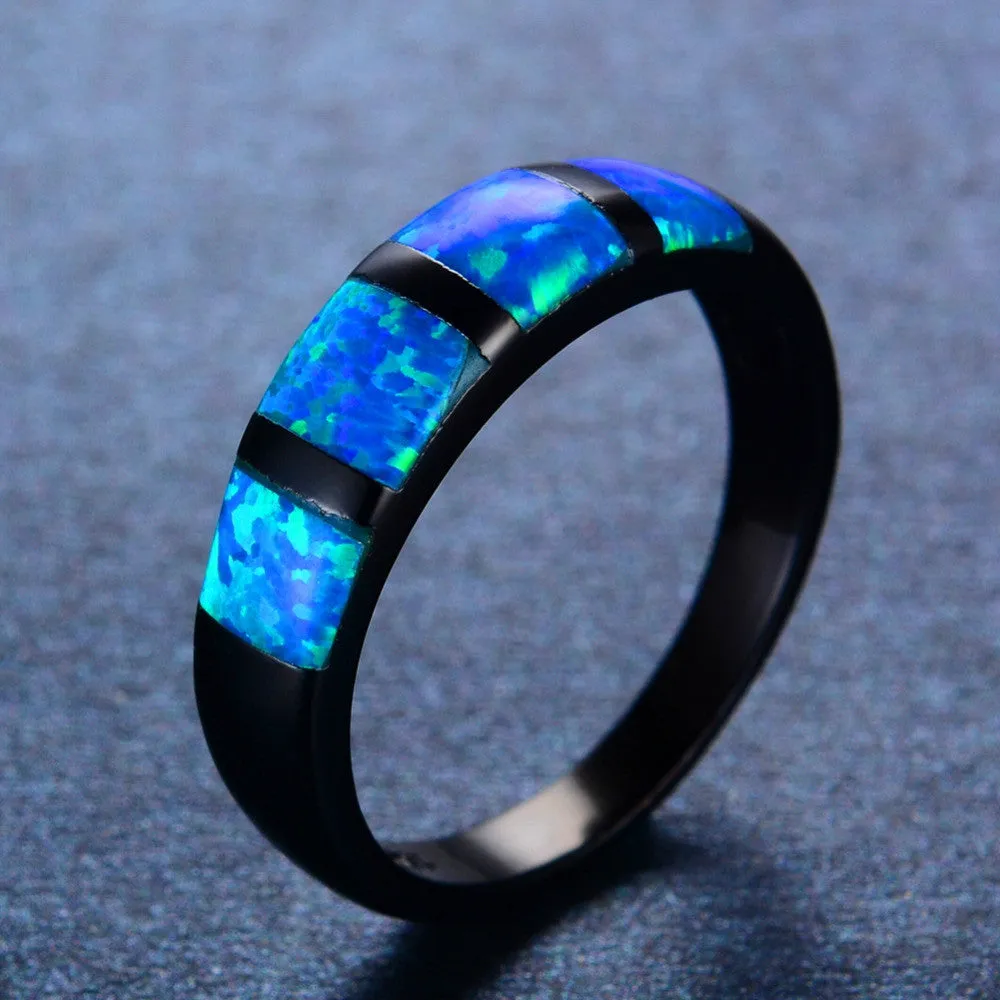 Round Blue Fire Opal Ring Black Gold Filled Vintage Wedding Rings For Women Bague Femme Fashion Jewelry Gift