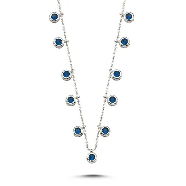 Round Cut Blue dangle choker necklace in sterling silver