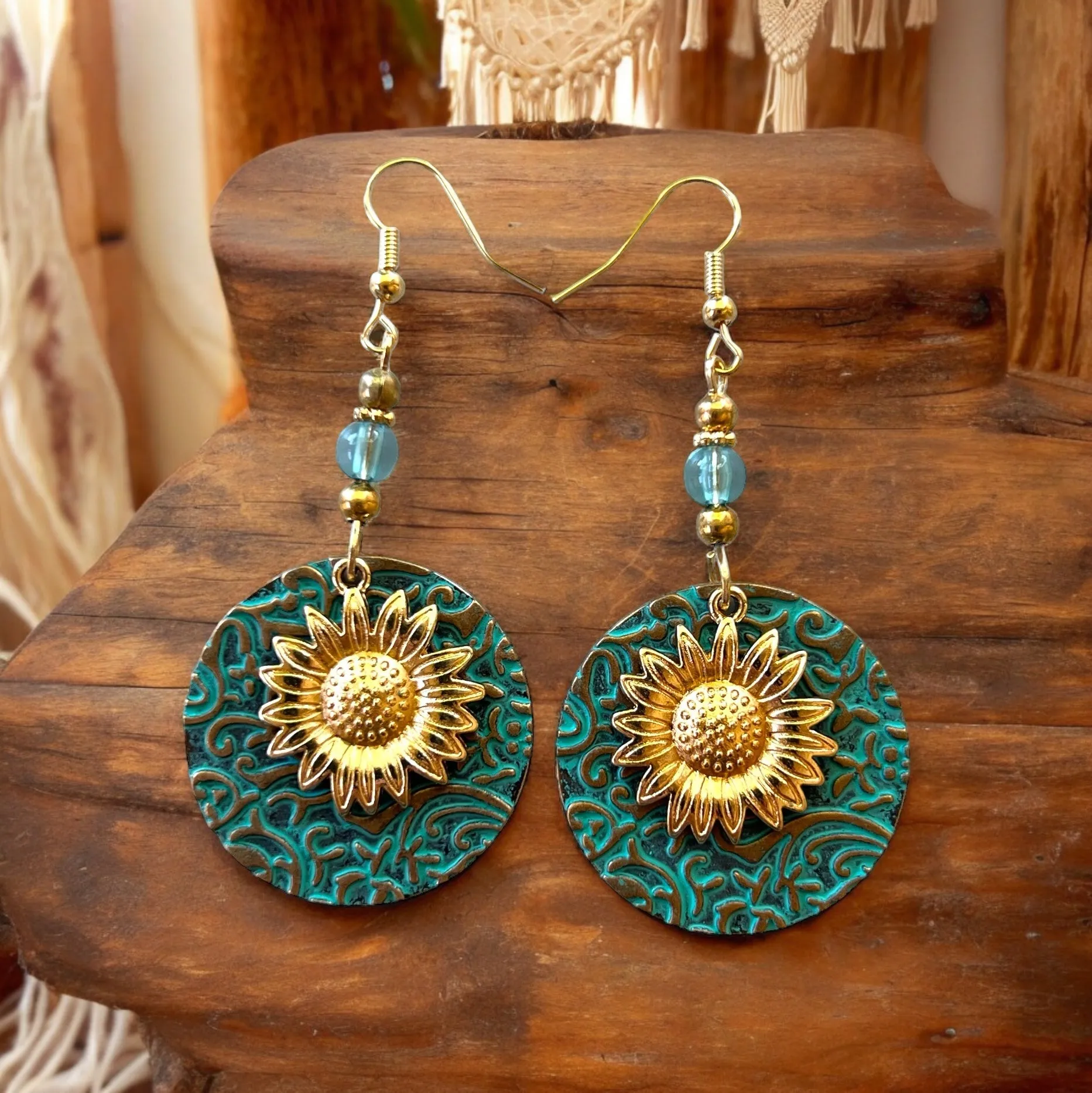 Round Patina Metal Earrings with Gold Sunflower: Unique Dangle Accessories