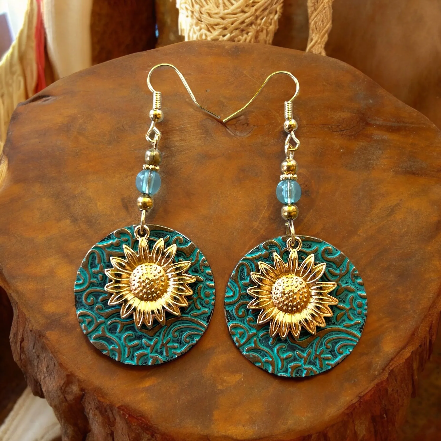 Round Patina Metal Earrings with Gold Sunflower: Unique Dangle Accessories