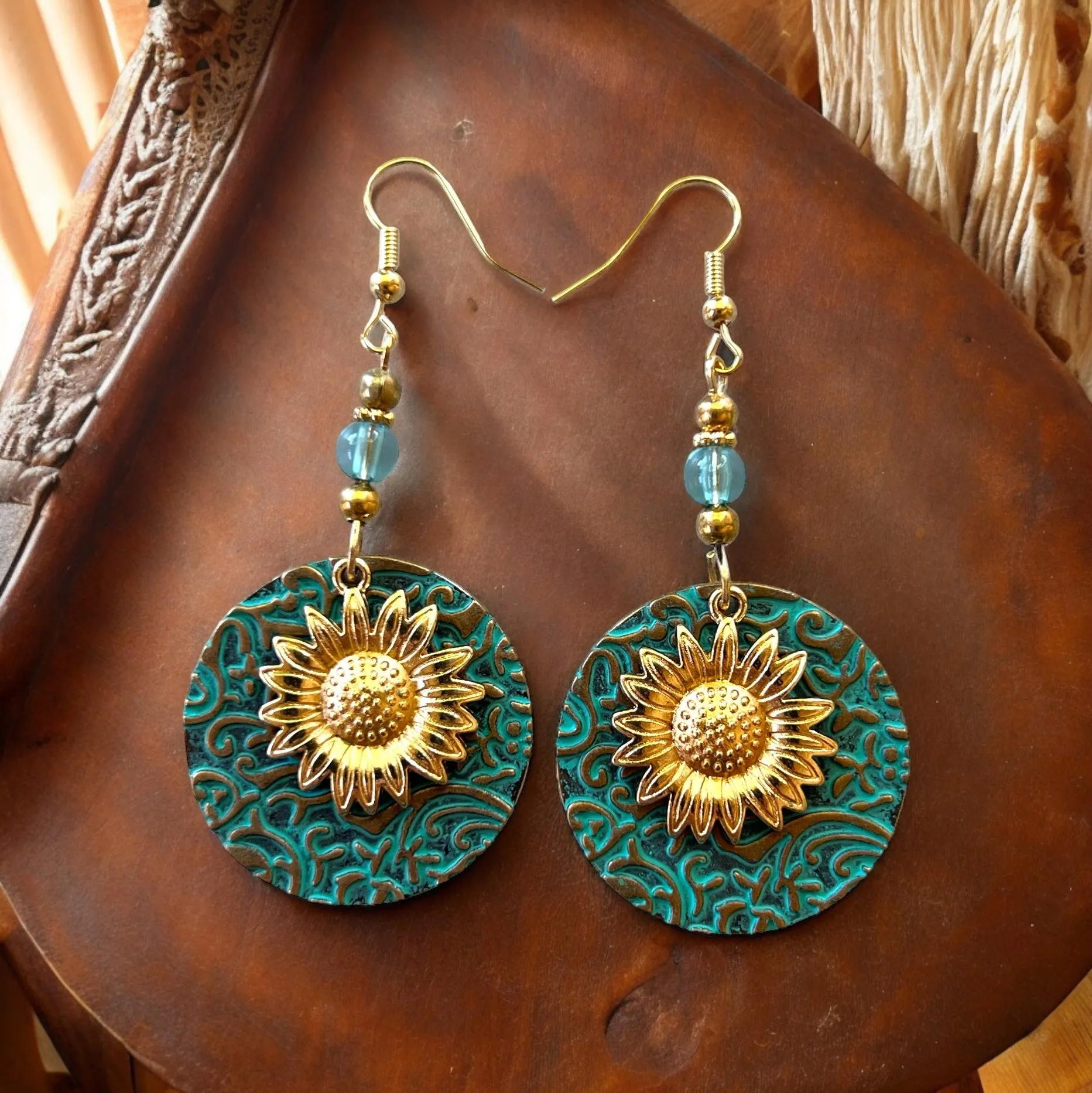 Round Patina Metal Earrings with Gold Sunflower: Unique Dangle Accessories