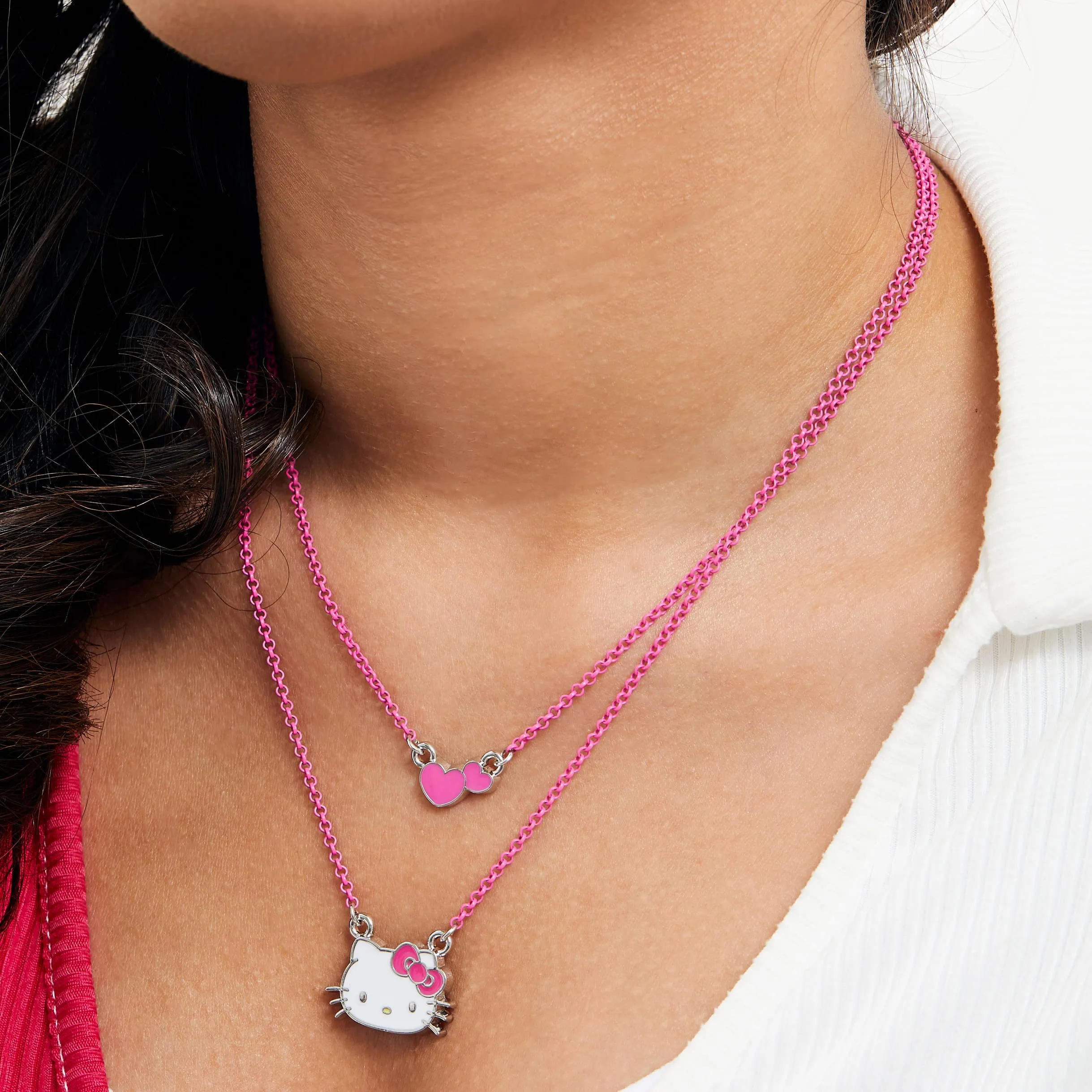 SALLY ROSE Hello Kitty Pink Enamel Double Necklace Set - Hello Kitty Necklace Set with Hearts Pendant and Hello Kitty Pendant- Hello Kitty Gifts