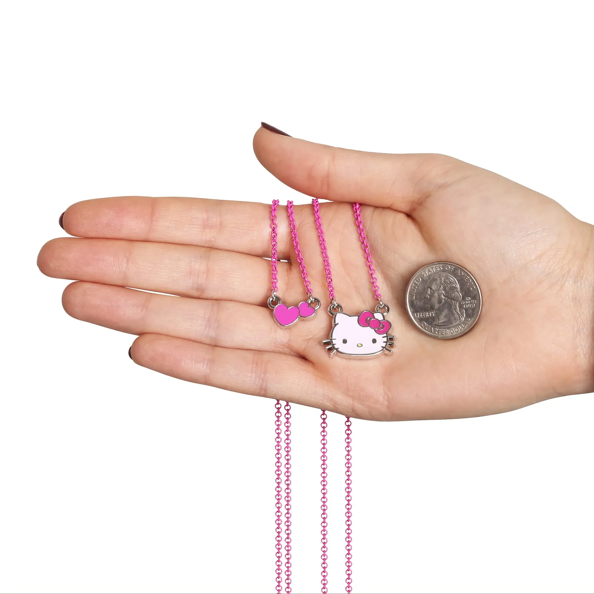 SALLY ROSE Hello Kitty Pink Enamel Double Necklace Set - Hello Kitty Necklace Set with Hearts Pendant and Hello Kitty Pendant- Hello Kitty Gifts