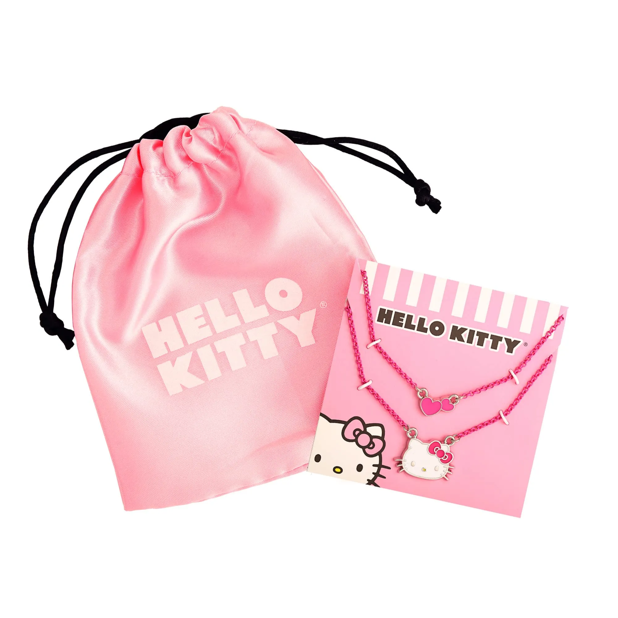 SALLY ROSE Hello Kitty Pink Enamel Double Necklace Set - Hello Kitty Necklace Set with Hearts Pendant and Hello Kitty Pendant- Hello Kitty Gifts