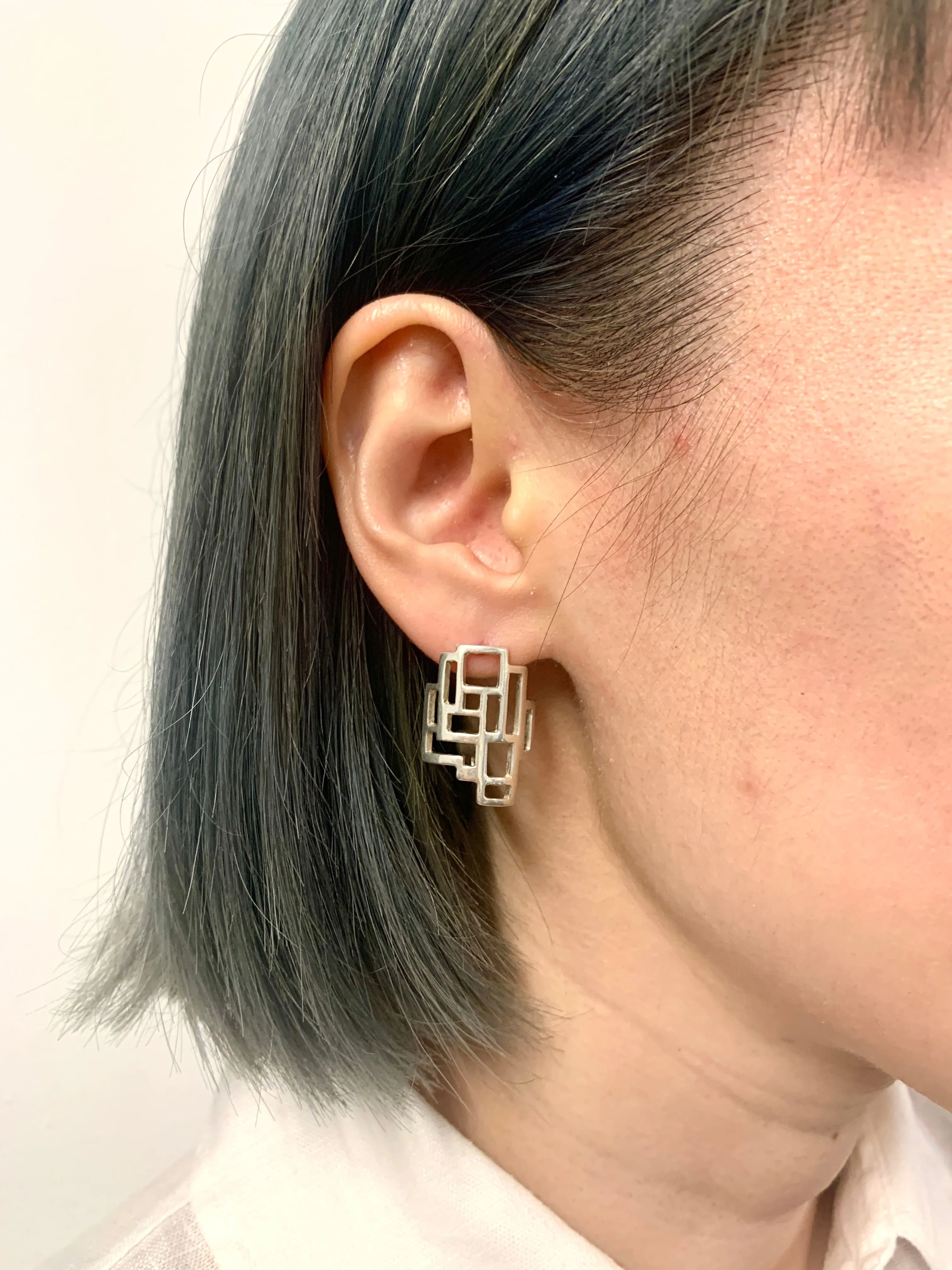 Silver Geometric Earrings -  Silver Artistic Earrings - Unique Silver Studs