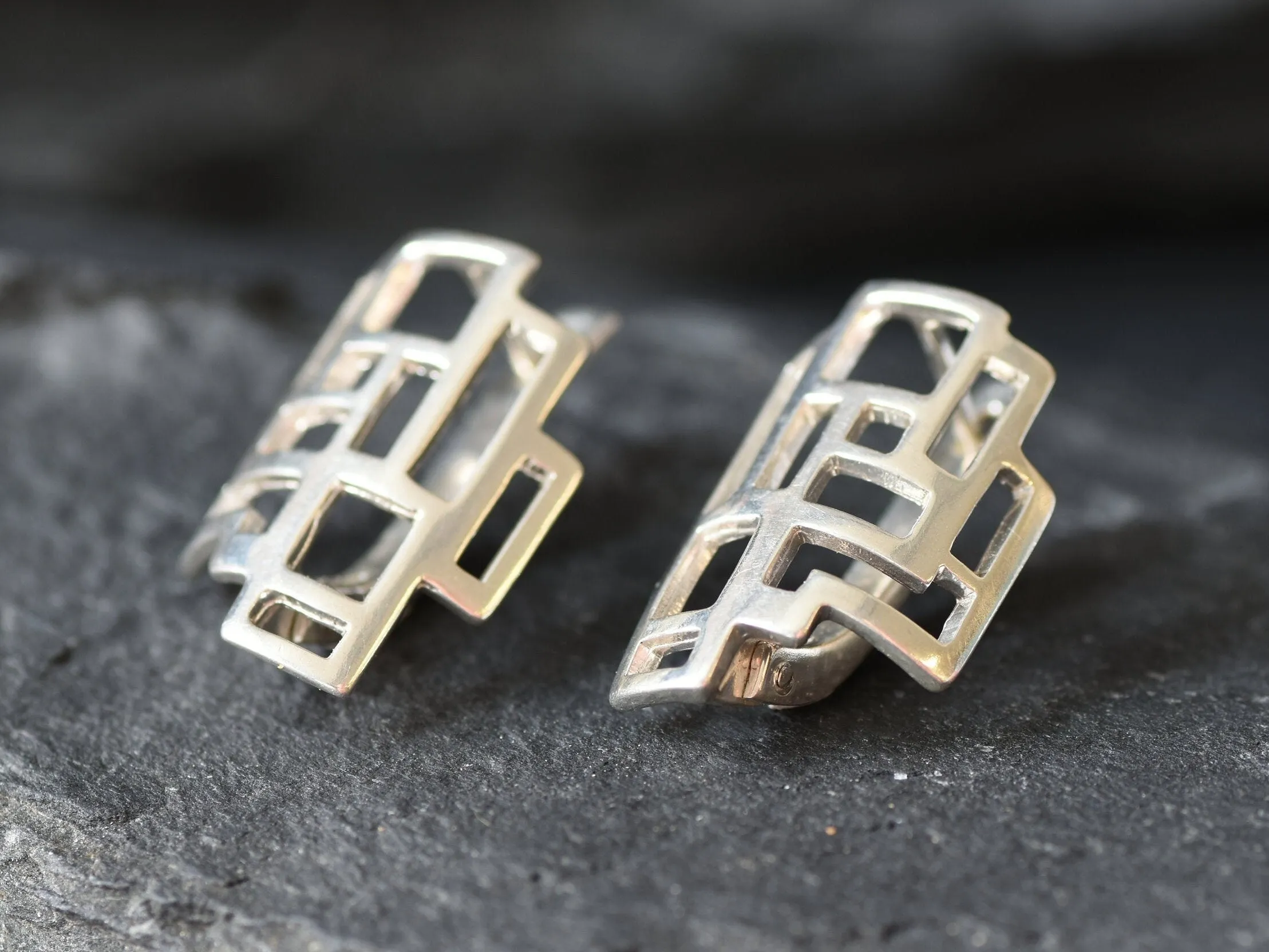 Silver Geometric Earrings -  Silver Artistic Earrings - Unique Silver Studs