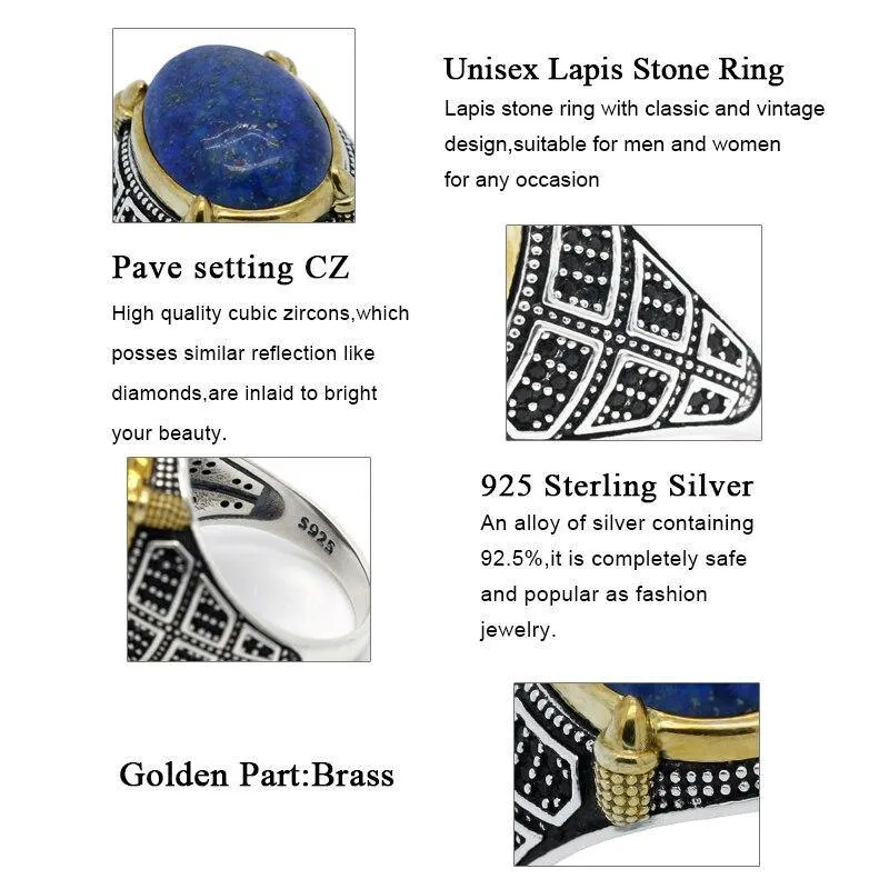 Silver Natural Lapis Lazuli Stone Ring with Black CZ