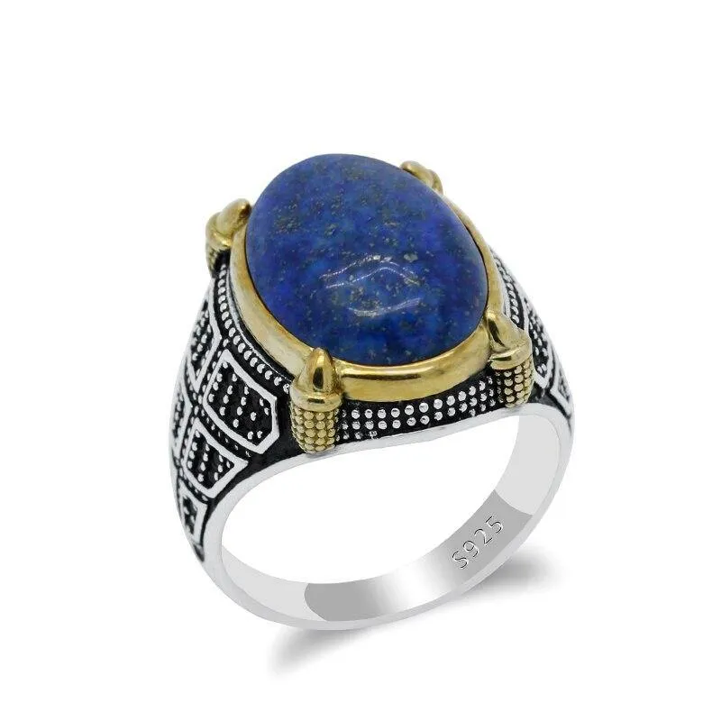 Silver Natural Lapis Lazuli Stone Ring with Black CZ