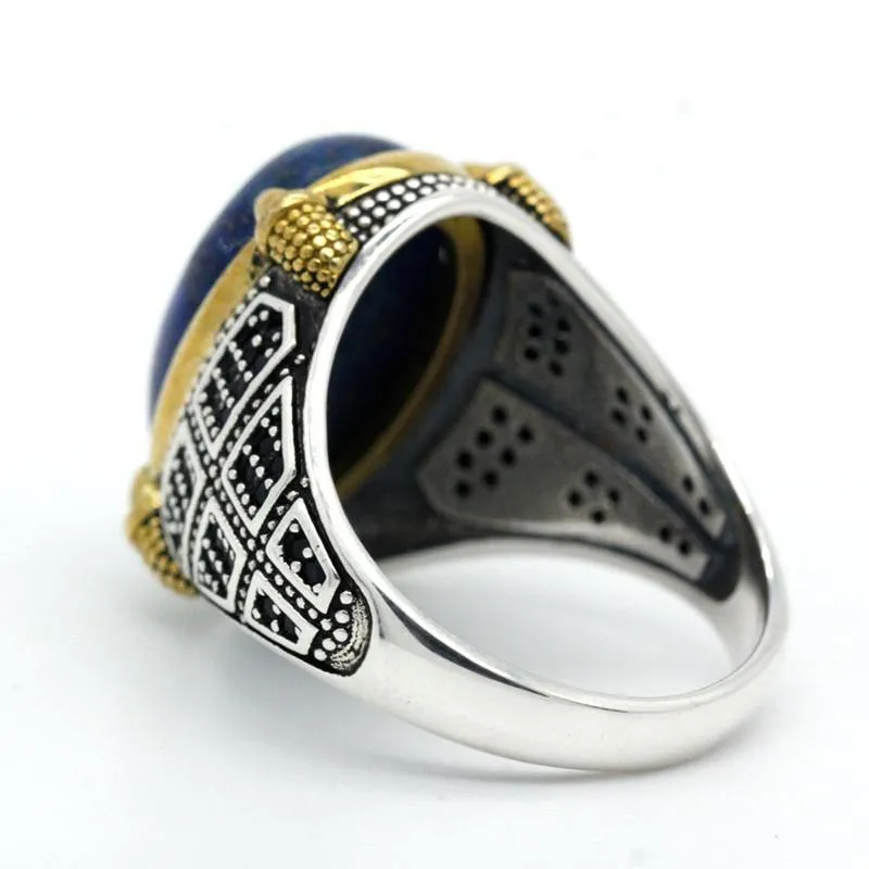 Silver Natural Lapis Lazuli Stone Ring with Black CZ