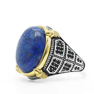 Silver Natural Lapis Lazuli Stone Ring with Black CZ