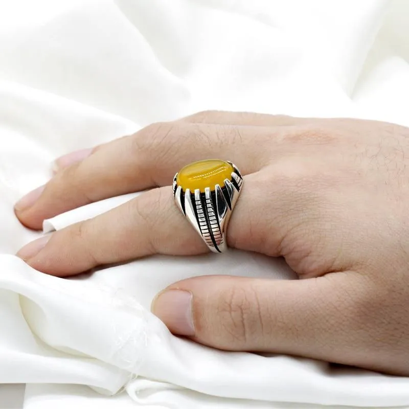 Silver Paw Design Natural Gemstone Yellow Agate Stone Ring