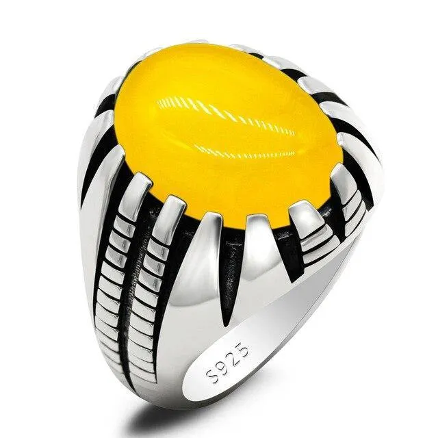 Silver Paw Design Natural Gemstone Yellow Agate Stone Ring