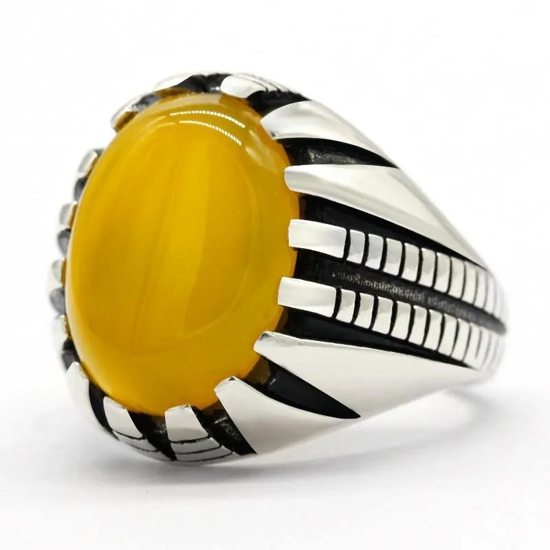 Silver Paw Design Natural Gemstone Yellow Agate Stone Ring